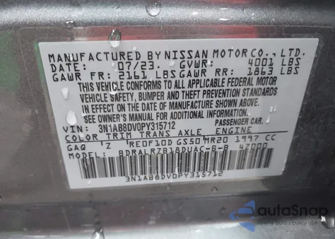 2023 Nissan Sentra Sr Xtronic Cvt из США, поврежденный, VIN 3N1AB8DV0PY315712